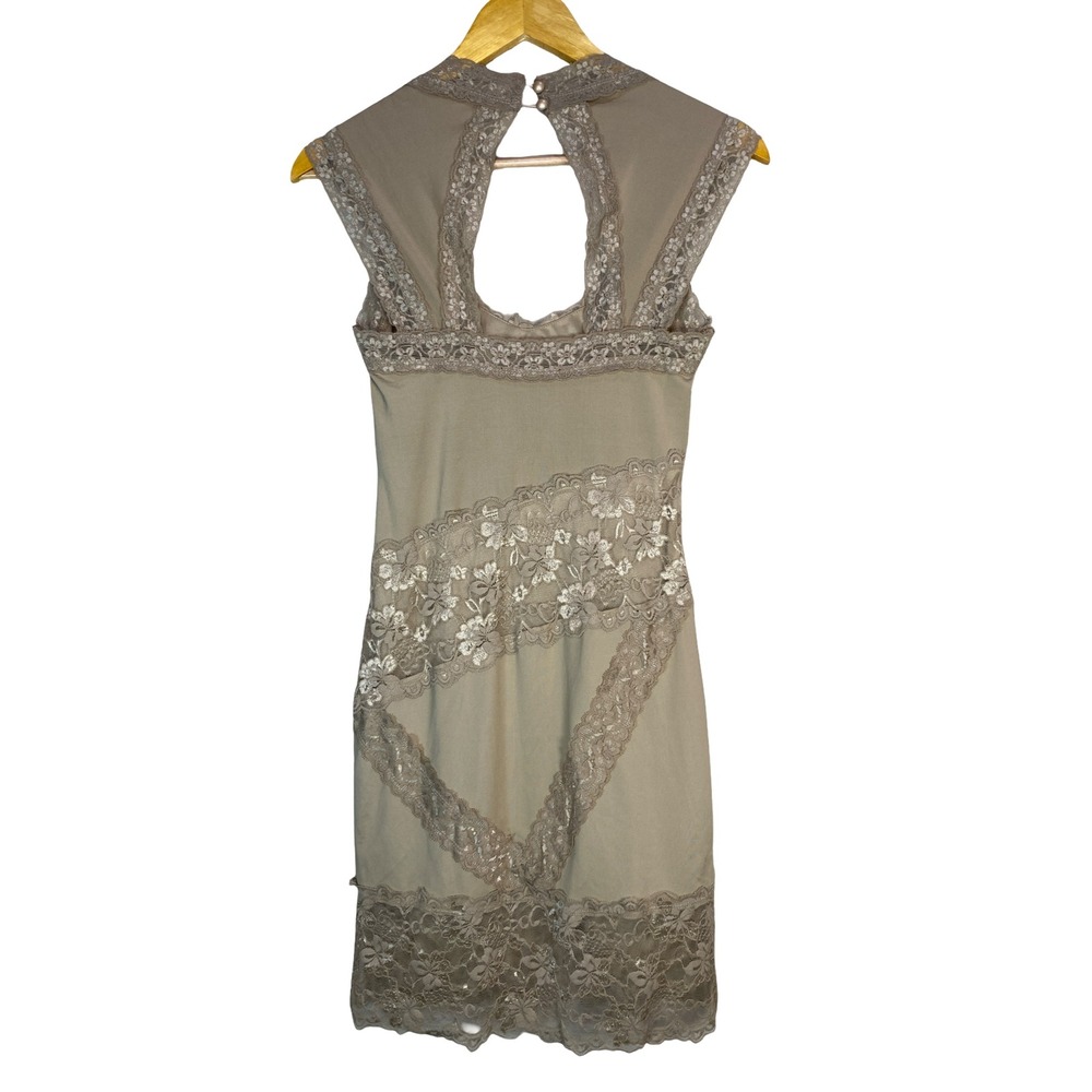 Silvergate Womens Lace Bodycon Dress Taupe Tan Open Keyhole Back Sleeveless S - Picture 2 of 11